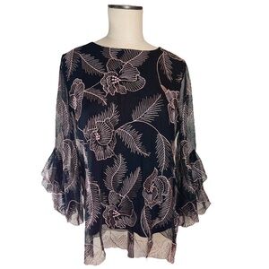 Alfani Black Top with Pink Floral Embroidered Size Petite Large Whimsigoth EUC